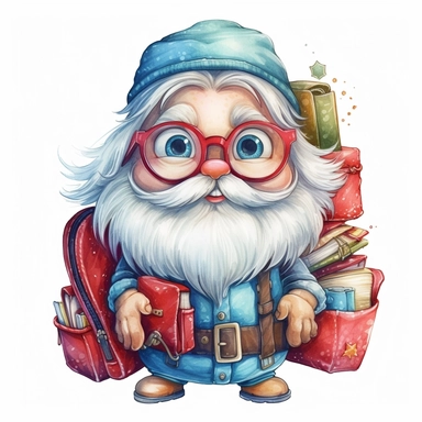 santa smile and cute big eyes wear big glasses full body , backpack gift and gift bag , cute funny laugh detailed digital art, whimsical and cute, cute detailed artwork, glimmering, adorable and whimsical, whimsical art, watercolor Clipart style