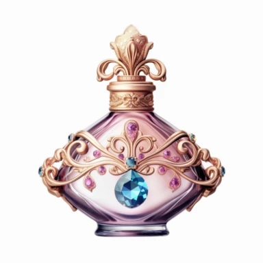 dreamy fairytale fantastic style a lovely perfume bottle with a luxury style a clipart transparent png aesthetic truly timeless elegance premium luxury ornate photo realistic honestly reality consistent quality unique exquisite iridescence individuality array of rich treasured throughout the ages refinement symbolizing luxury glamour allure wonders oluminous quality light in a myriad of enchanting royal jewelry delicate polished sophistication simple fine craftsmanship visual appeal purity calmi