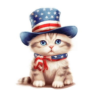 american flag day, clipart, a beautiful cartoonic cat wearing american hat, beautiful, realistic, cute, white background