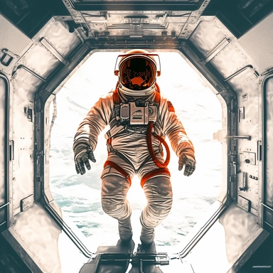 Clipart, An astronaut floating in zero gravity inside a spacecraft, hyperrealistic, hyper high definition