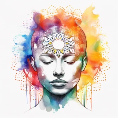 watercolor clipart of head of handsome young man, closed eyes, 3rd eye awakening, intricate sacred geometrical patterns, sparkles, vibrant chakra colors, on white background