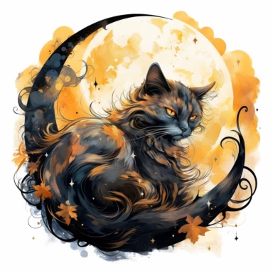 A beautifully painted watercolor cat with crescent moon behind it, hues of captivating orange, yellow and black, stunningly beautiful, refined and sophisticated, Hand drawn, Roberto Ferri, Clipart, beautifully colored with strong saturated pastel colors in a beautifully colored and fantasy magical fairytale mesmerizing style, emotionally pleasing watercolor style in the style, Pre-Raphaelitism,hyperrealism, 8k hd detailed quality on a white background