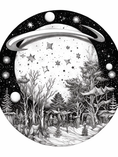 Coloring pages, black and white, linework, clip art, white background. In a circle, a Seedling growing, stars, planet.