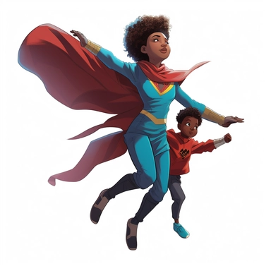a comic-style, clipart image (floating image), full body image of a mother and child duo where the child is the superhero's sidekick, different ethnicities, wearing super suits
