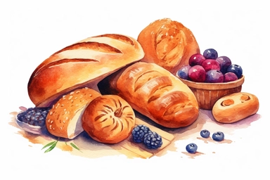 Watercolor, Bread, Baked goods, clipart, hd, on a white background, spaced out