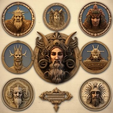 Create a collection of lifelike clipart images depicting gods and symbols from mythology. Use a digital art medium to render these images with realistic textures and details. Emulate the style of classic illustrations found in ancient manuscripts and tapestries. Ensure that each god or symbol is represented in a visually striking and accurate manner, capturing their distinct characteristics and attributes.