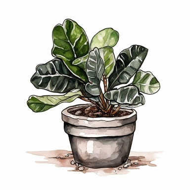single houseplant in pot, watercolor clipart, beautiful houseplant , landscape art, scrapbook, black contour around the leaves,