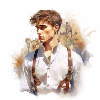beautiful stunning handsome steampunk young man, paint art style, clipart, white background, superrealistic, one of a kind