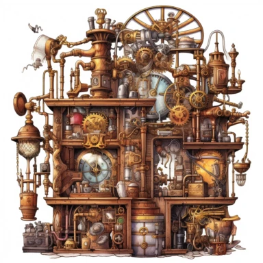 Clipart. White background: In a bustling workshop adorned with shelves of magical artifacts and complex machinery, a collection of whimsical steampunk contraptions takes center stage. Gears, cogs, and valves intertwine with enchanting symbols, infusing the mechanical devices with the power of magic. The foreground showcases the intricate details and fantastical designs of the contraptions, each one uniquely crafted and powered by the whimsical fusion of magic and steampunk aesthetics. The backgr