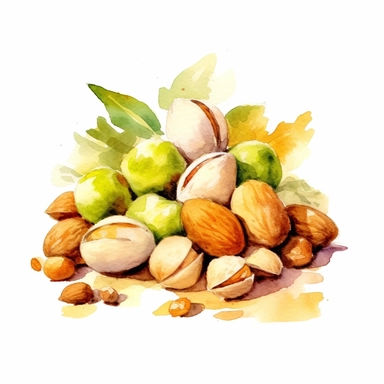 picturesque, simple, bright, the best simple mixed nuts, almond, cashew nut, pistachio, peanut, macadamia nut, in the world, clipart on white background, watercolor, painted by Beatrix Potter, 8k,