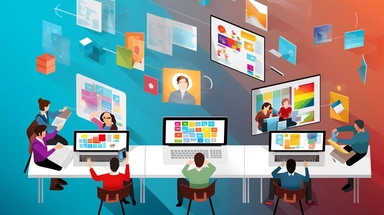 Imagery: A background featuring a sleek, modern office space filled with diverse people working together collaboratively on various devices - laptops, tablets, smartphones. Include an overlay with the logos of the core Office 365 applications (Word, Excel, PowerPoint) subtly arranged in the foreground. Style is clipart