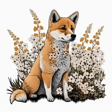 cute dingo, flowers, clipart, very detailed, white background