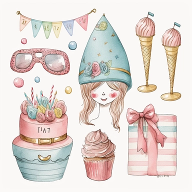 Please create a series of whimsical fashion illustrations featuring different items related to birthdays and birthday parties in shades of pink, blue, and gold. Each illustration should be drawn in a charming and playful style that captures the fun and excitement of birthday celebrations. Items to include can be balloons, cakes, gifts, party hats, and decorations. Please use a combination of watercolor and pencil drawings to create a unique and artistic look. The color palette should be dominate
