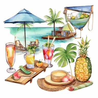 watercolor painting clipart of summer themed items, like a picnic table, tennis shoes, a cocktail with a little drink umbrella, coconuts,palm trees,sail boats, canoes,