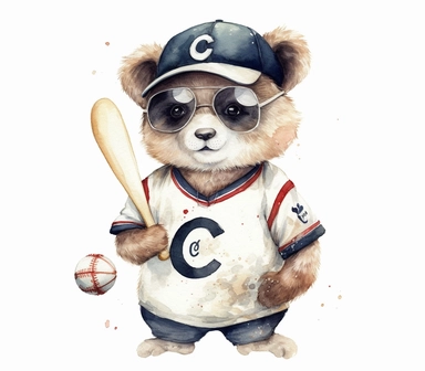 create watercolor clipart of letter C , cute animal in baseball costumes with baseball, incredibly high detail, 16k, gorgeous, white background