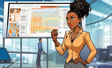 Digital Illustration Clipart vector art of a ultra Beautiful African American woman wearing a trendy business suit with Goddess Braid Updo Bun hair style standing in the center of a room holding down a whiteboard with blurred background, in the style of commercial imagery, colorful in the style of Al Williamson Digital Illustration Clipart vector art of a ultra Beautiful African American woman with rope styled dread locks standing behind a sigh holding a whiteboard with blurred background in fro