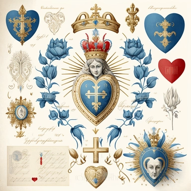 catholic imagery, icons, sacred heart, holy relics, handpainted , clip art sheet, blue accents, on white background