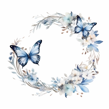 frosty white butterfly clipart with flower border, white background, watercolor, vector