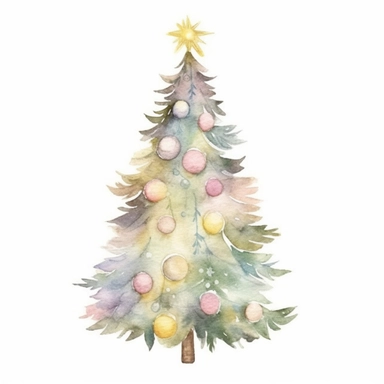 Beautiful watercolor clipart of a Christmas tree, with soft and delicate colors, perfect for a holiday-themed invitation, cute and charming, high-quality artwork, hand-painted with attention to detail, heartwarming and sweet, a beautiful addition to any project.