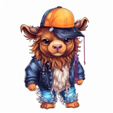 highly detailed clipart of a furry baby long haired breed cow child like toddler person standing up wearing a baseball cap and dressed in 2023 style hip hop rapper fashion and sneakers and jewelry. child like looking furry long haired breed of cow. Shein.com style clothing.