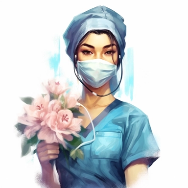 a nurse with flowers, wearing a surgical mask, ink wash background, in the style of realistic watercolor paintings, uhd image, free brushwork, artistic interpretations, in the style of artgerm, 2d game art, quadratura, clipart,