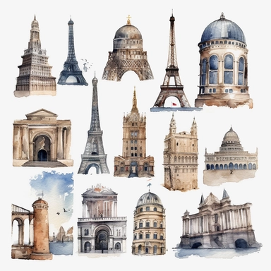 Watercolor famous landmarks in europe Clipart, travel, Minimalist Watercolor, Clipart, Separated design, 8k