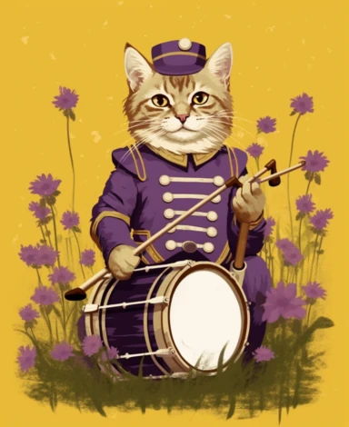 clipart of a long haired tabby cat wearing a marching band uniform, playing a drum in a field, gold and purple colors, in the style of flowerpunk, naturalist aesthetic, kombuchapunk, nostalgic paintings, detailed costumes, avacadopunk