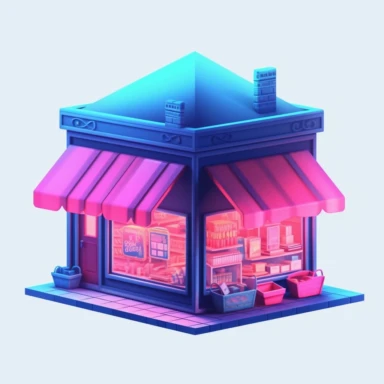 transparent background, icon, store, cartoon png clipart and vector, in the style of computer art, light blue and magenta, post-internet aesthetics, matte photo, graphic design aesthetics, focus stacking, bryce 3d