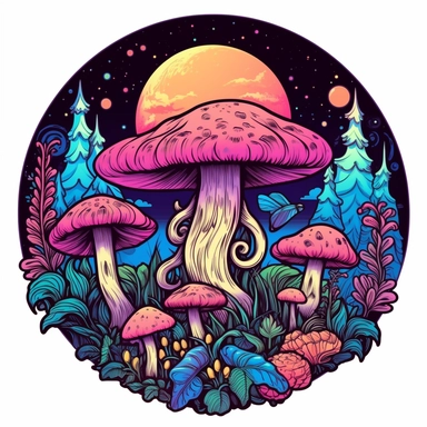 coloured mushroom wolf mushroom moon owl butterfly free vector, in the style of calligraphy-inspired, #screenshotsaturday, bold black outlines, circular shapes, soothing landscapes, feminine sticker art, wiccan Sublimation Clipart,hyper realistic, intricate detail, illustration style,high solution,on the white background