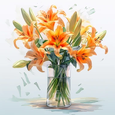 orange lilies in transparent glass vase, full body, pastel beige colors, clipart style, accurate details, oil painting technique, super high quality, oil painting professional clipart, high resolution, isolated white background
