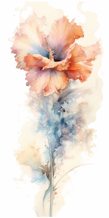 Watercolor Painting of SINGLE STEAM WILD FLOWER on white background beautiful multi - headed pale, Flora Design Patterns, Flemish Baroque by Rachel Ruysch, Behance, Rococo, Intricate Detailed, Soft Light Effect, Oil Paint Strokes, Light Academia Aesthetic Flowers, Lighting cinematic, all shown shimmering stamens, tyndall light, light effect, texture, colorful, 8k, fantasy, ray tracing, depth of field, vivid, spectacular lighting, octane rendering, highly detailed, ultra - realistic, white backgr