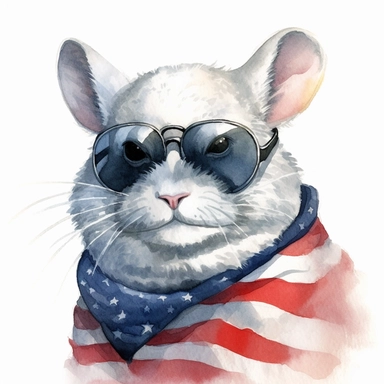 Chinchilla is sitting, wears American flag scarf and sunglasses, closeups shot, low angle, watercolor style, hyper-realistic animal illustrations, 2d game art, quadratura, clipart, on white background,