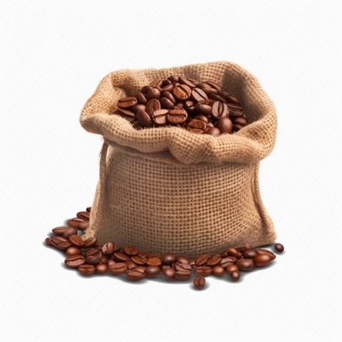 jute bag filled with roasted coffee, overflowing with roasted coffee on top, clipart for corporate presentation, transparent background