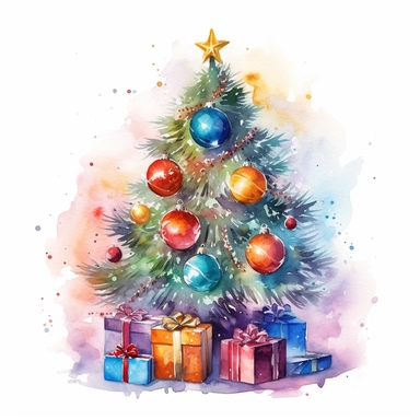 watercolor christmas tree with baubles and gifts, bright tree lights, vibrant colors, add glitter, clipart image, on a white background