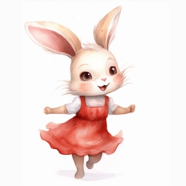 Cute child white rabbit happily running, with hazel eyes, wearing a red dress, no hair, for children`s book illustration style, Watercolor Clipart, strybk, full Illustration, 4k, sharp focus, watercolor, smooth soft skin, symmetrical, soft lighting, detailed face, concept art, muted colors, watercolor style, strybk, children's style fairy tales, chibi kawaii, . Octane rendering, 3d. Perfect face, detailed face, delicate face, perfect sharp lips, detailed eyes, watercolor style