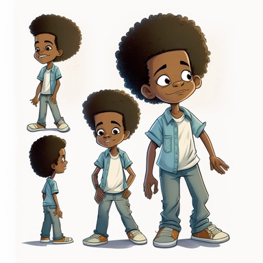 full body illustration, white shirt, son of Draymon, 7 year old black man, illustration for children's book. expression character sheet. multiple expressions, 7 years old, curly black and gray faded flat top afro, large eyes, wearing blue jeans, yellow shirt, brown shoes, multiple expressions. Head to toe full body image. squinting eyes, mouth mide, laughing. Watercolor Clipart, strybk, full Illustration, 4k, sharp focus, watercolor, smooth soft skin, symmetrical, soft lighting, detailed face, w