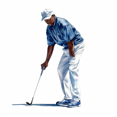 Idyllic watercolor clipart of a young modern African american male golfer in close fitting blue and white sports golf clothes standing with his putting club on the putting green, isolated on a pure white background, insane detail,