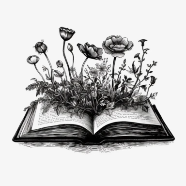 black and white clip art with open book that has flowers growing out of it