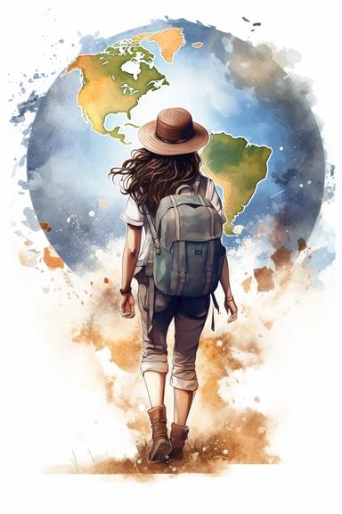girl with a backpack walking towards the globe. Wearing a hat. Really curly dark hair. Skin is tan. Clipart soft colorful watercolors. Romantic illustration. Young and feminine touch