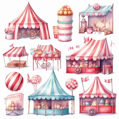Watercolor style, travelling circus, individual clipart of candy floss, tent, acts and food variations, hyper realistic detailed clipart, on a white background, 8k