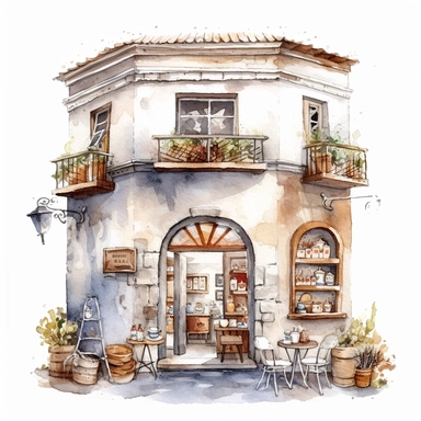 watercolor, hyper realistic, white background, white margins, 16k, ultra detailed clipart, cut out image, hand-drawn a cozy coffee shop scene, in the style of pencilsteampunk, delicate watercolor, creative commons attribution, miniaturecore, grocery art, white and amber, website