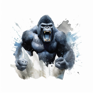 realistic watercolor gorilla smash rock on solid white background, clipart