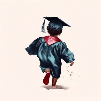 a black toddler graduate, with a burgundy graduation cap, afro, 3k graduation, backview, jumping, faceless, bold watercolor clipart