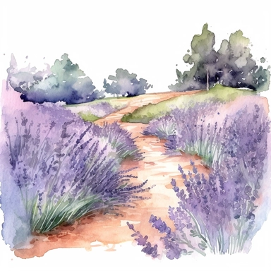 Clipart, watercolor, lavender fields, botanical illustration, hand drawn, texture