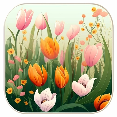 spring garden, vector art, in the style of Georgia O'Keeffe, clipart, white background, rounded corners