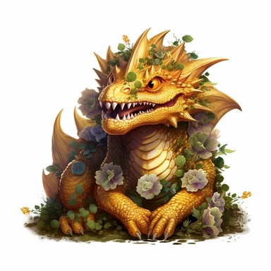 baby gold dragon, visible teeth, scary face, angry, few vibrant flowers grows on his neck, very detailed, clipart, white background