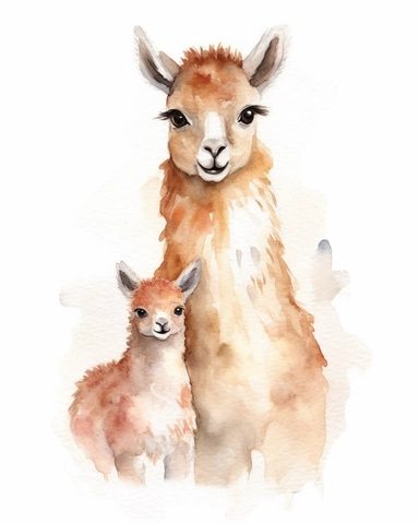 a cute watercolor clip art momma and baby llama floating on a plain white drop, 600 dpi,