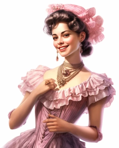 detailed smiling beautiful lady , dressed in a pink victorian vintage dress with necklace, hyper realistic, 8k, isolated on white backgorund, clipart