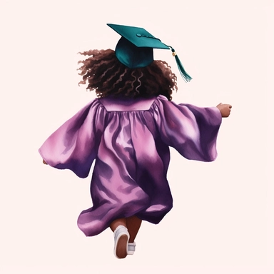 a black toddler girl graduate, with long afro hair, wearing a purple graduation cap and gown, 3k graduation, backview, dancing, faceless, bold watercolor clipart
