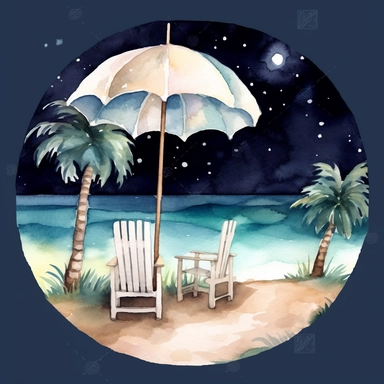 night sky with stars twinkling lights. Watercolor circle landscapes summer by the sea coconut trees sea waves chair beach umbrella in circle png Full body realistic cartoon 32k UHD cute. 15 cm thick outline. Black color. There was no shadow on the ground. with realistic watercolors and detailed illustrations. PNG clipart, transparent white background